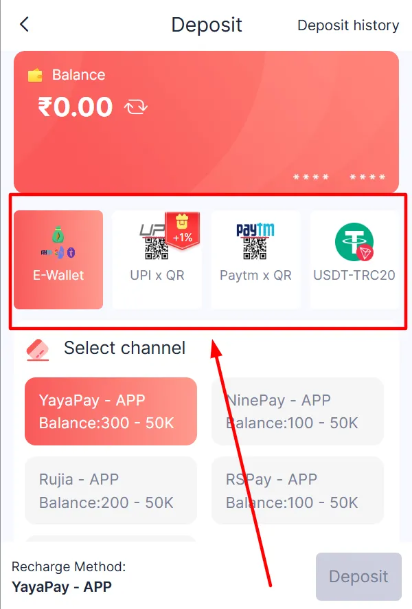 List of payment methods visible for user selection